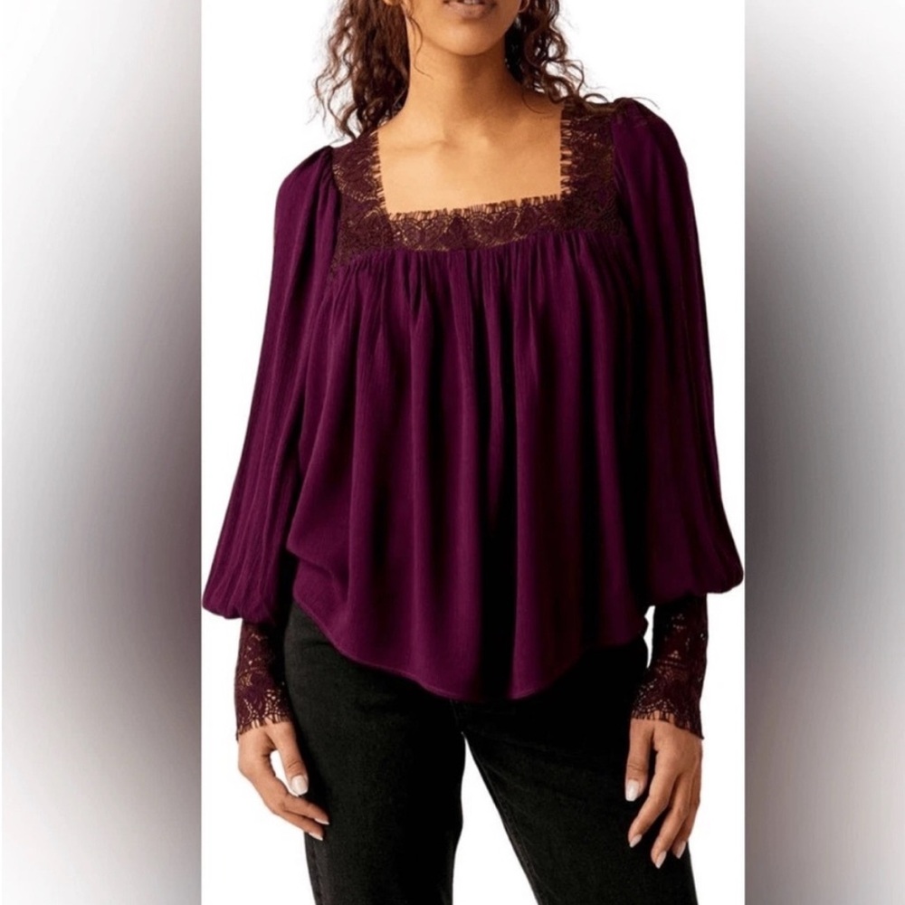 Free People Flutter By Lace Trim Blouse